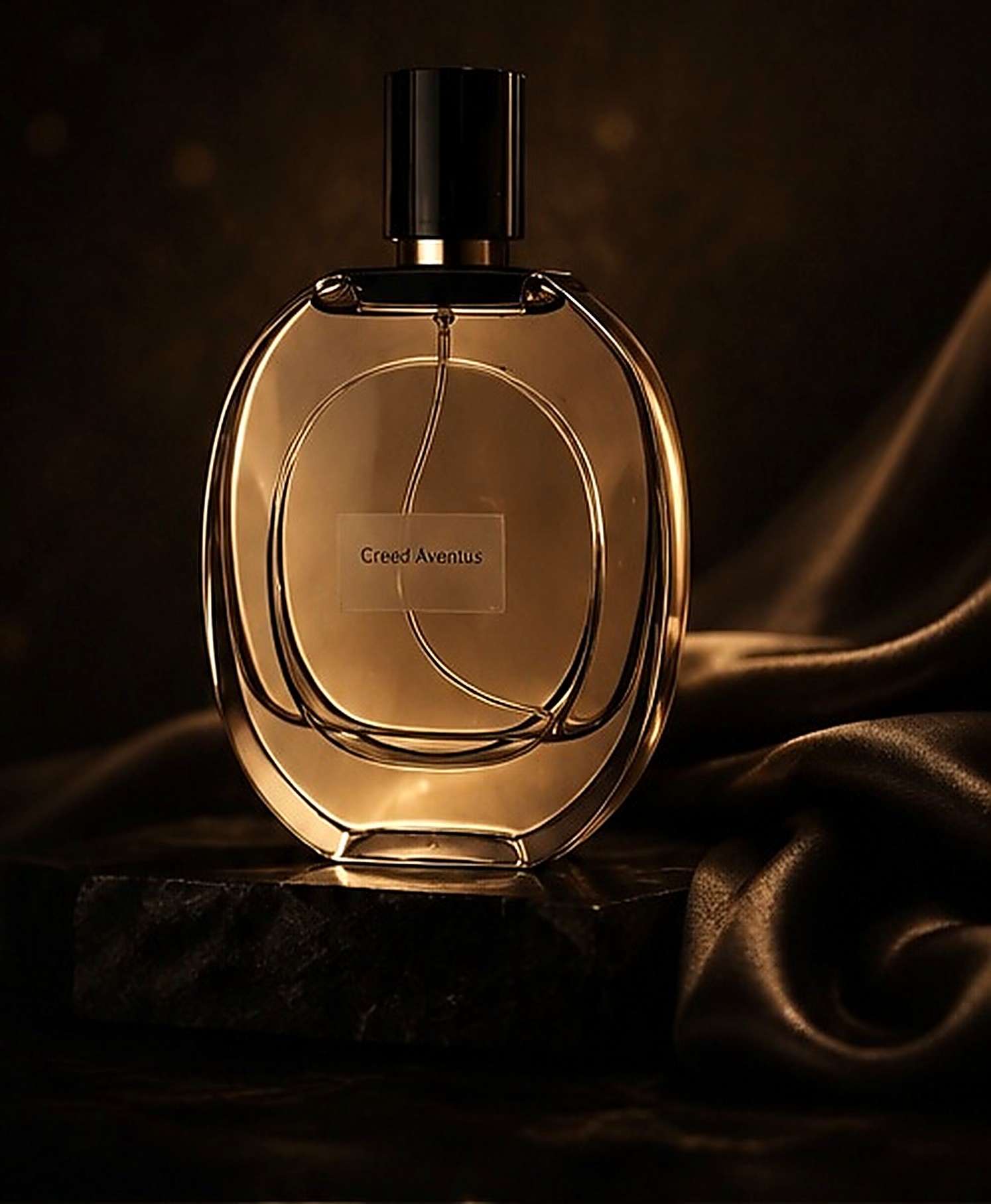Hill Scents luxury perfume bottle photographed on marble with flowing silk